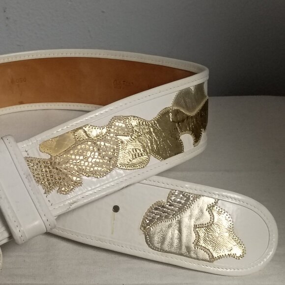❤️CARLOS FALCHI Wide White with Gold Snakeskin Belt Size Medium main image 2